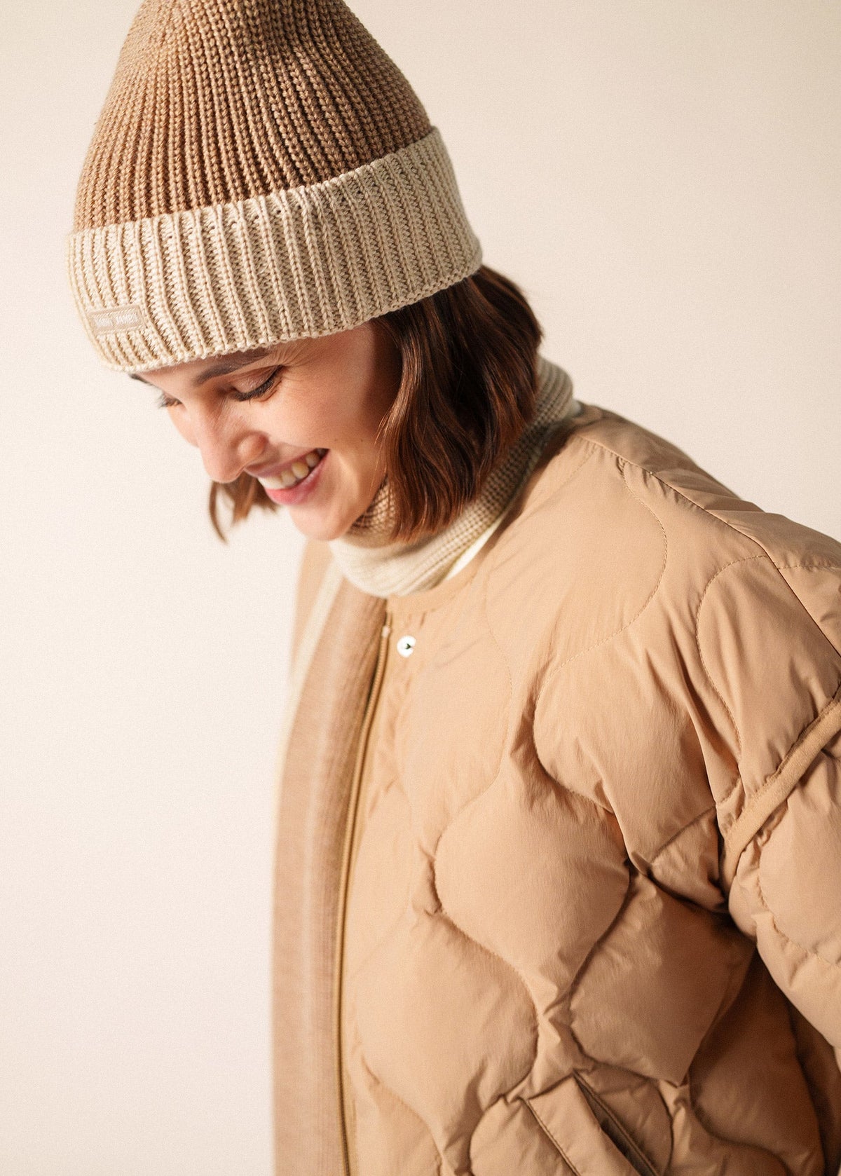 CANOT - Two-Tone Soft Wool Beanie in Purl Knit  (DARK BEIGE / BEIGE)