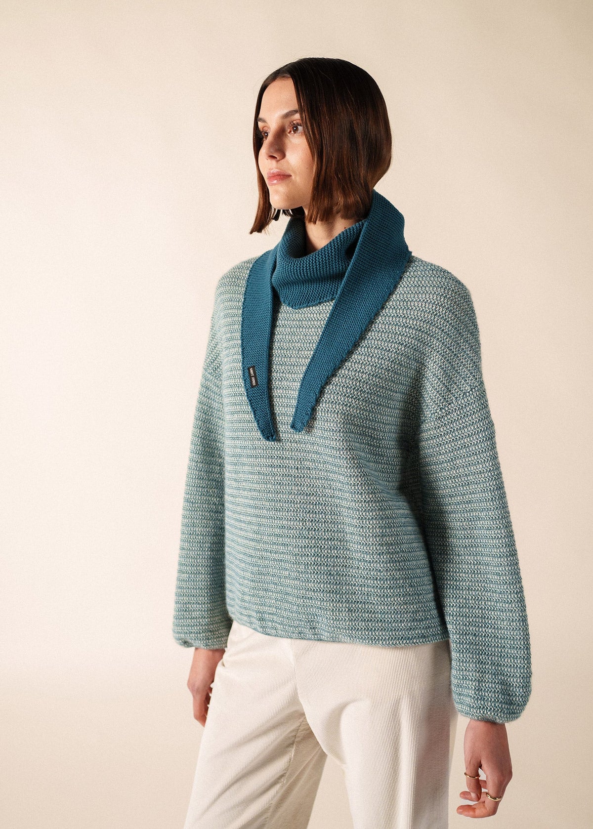 KNIT BANDANA - Scarf in Wool & Cotton (COASTAL BLUE)