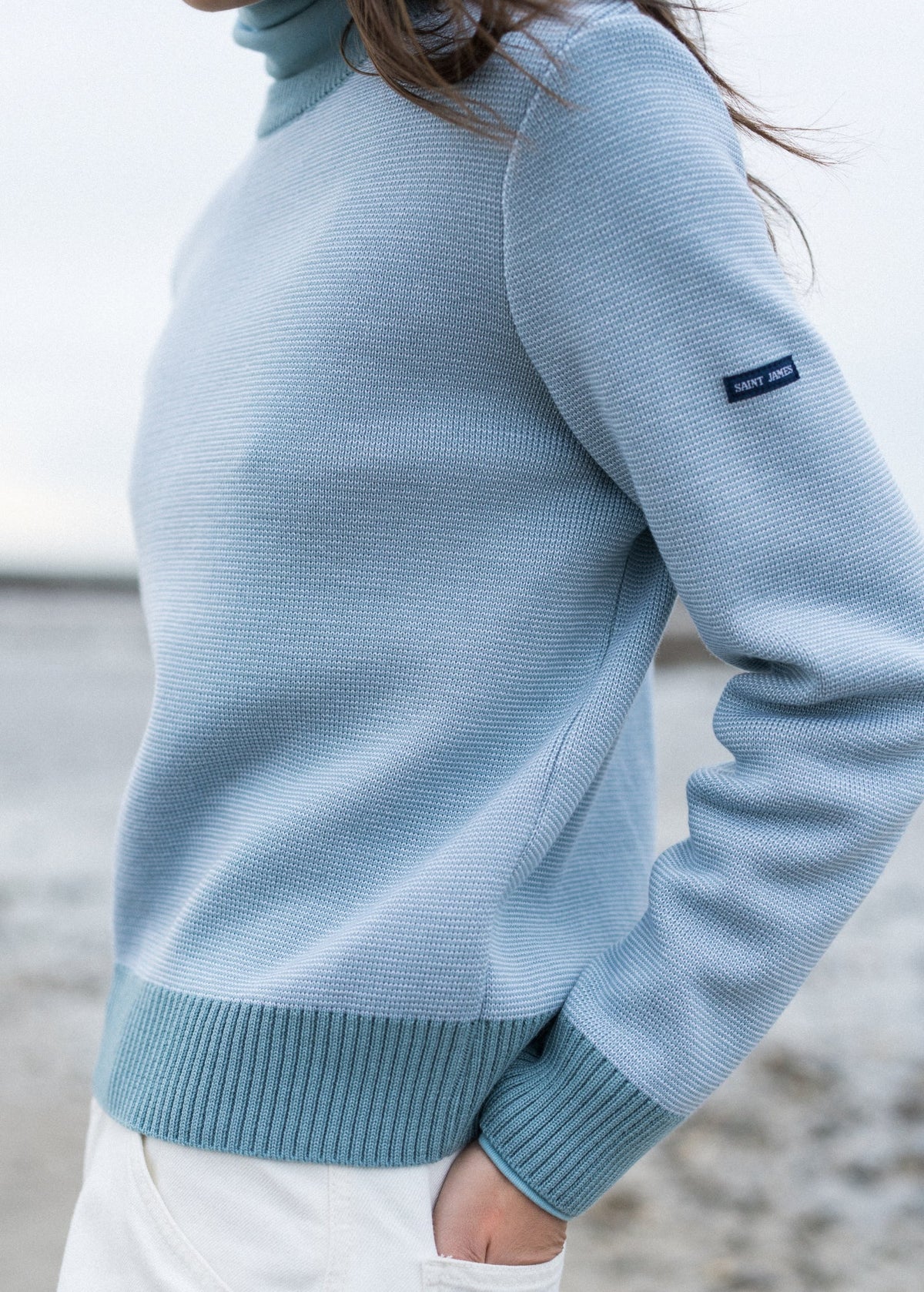 CANCALE CHINE Fisherman Sweater for Women (LIGHT COASTAL BLUE / WHITE)