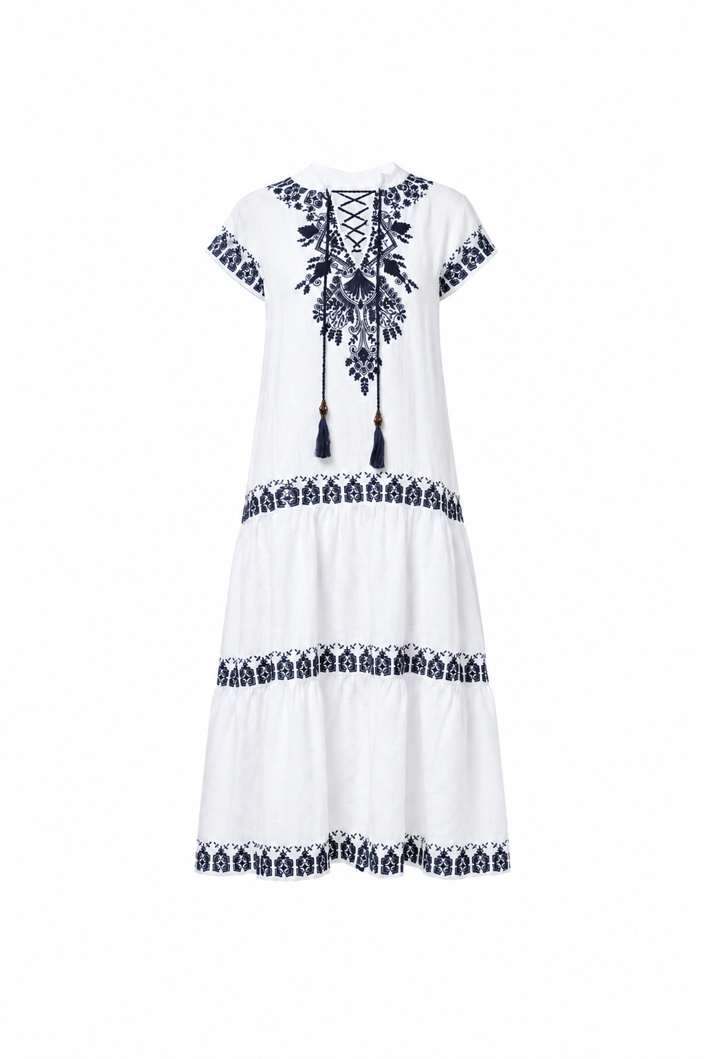 Calypso St. Barth Coralie Dress - White & Navy Embroidery