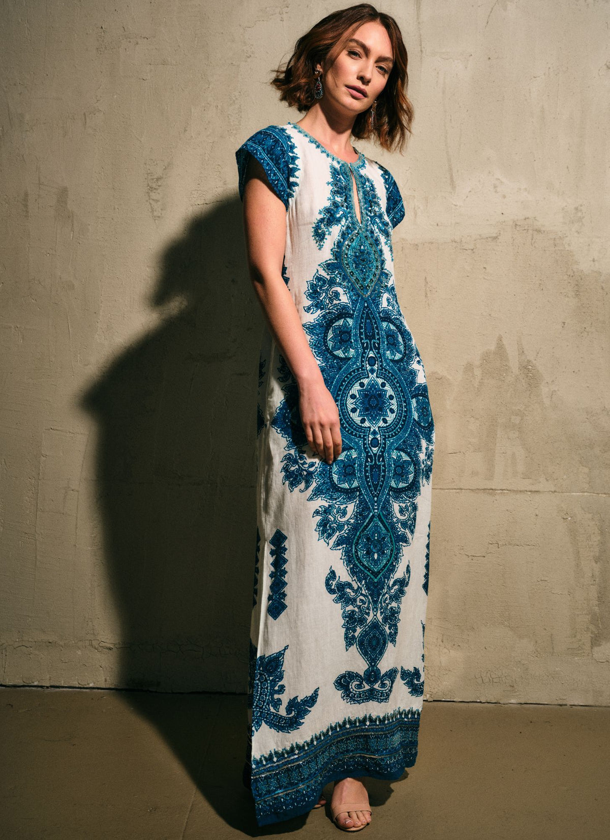 blue medallion floral estelle scalloped dress Calypso St Barth printed by artisans in Ciel - Blue wedding ankle Color:Moss