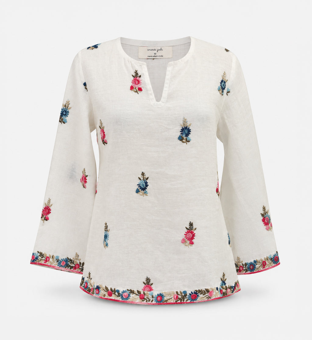 Sara Linen Hand Embroidered Top